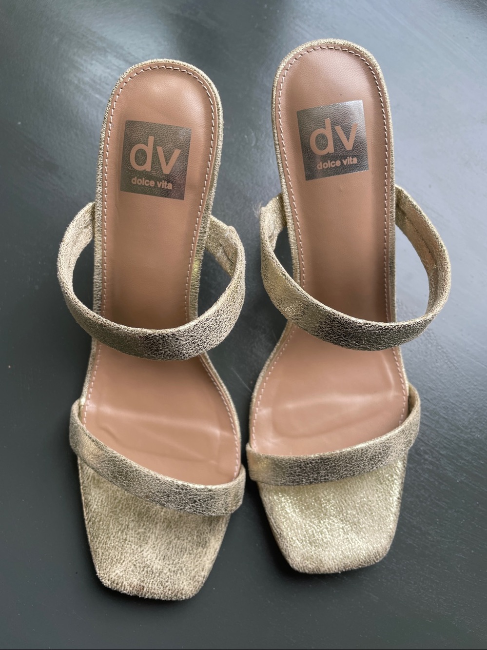 Dolce Vita Metallic Gold Two-Strap Square Toe Slide Heels